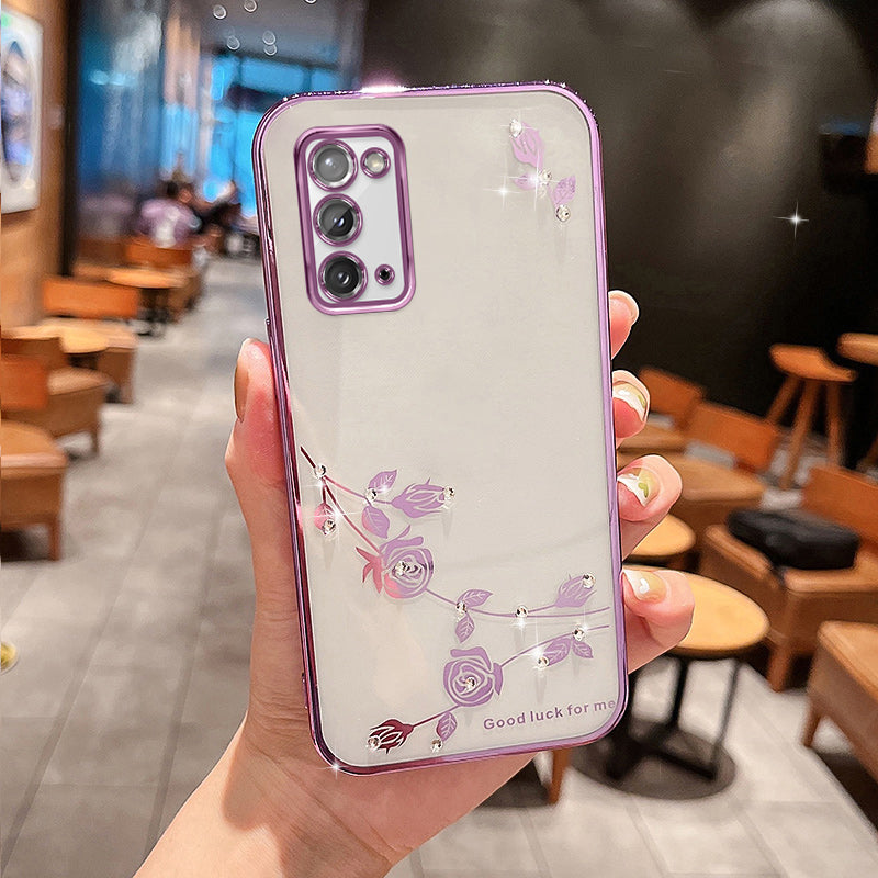 Shockproof Phone Case For Samsung Galaxy Note20 5G Note20 Rhinestone Decor Electroplating Flower Pattern TPU Back Cover Shockproof Phone Case For Samsung Galaxy Note20 5G Note20 Rhinestone Decor Electroplating Flower Pattern TPU Back Cover